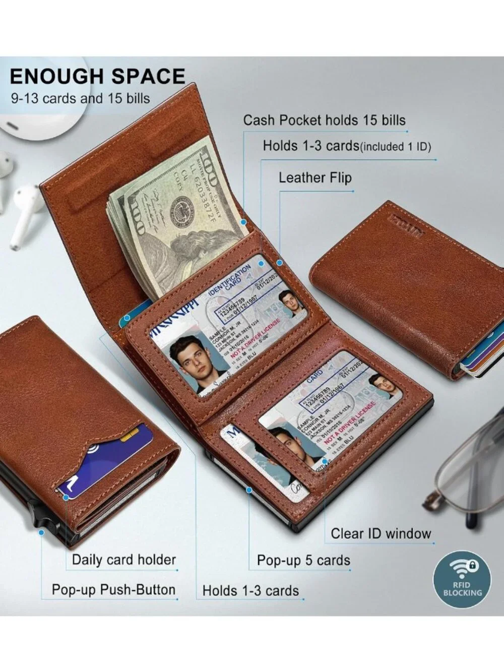 Slim RFID Blocking Wallet for Men, Cash Pocket, 2 ID Windows, 9-13 Cards, Gift